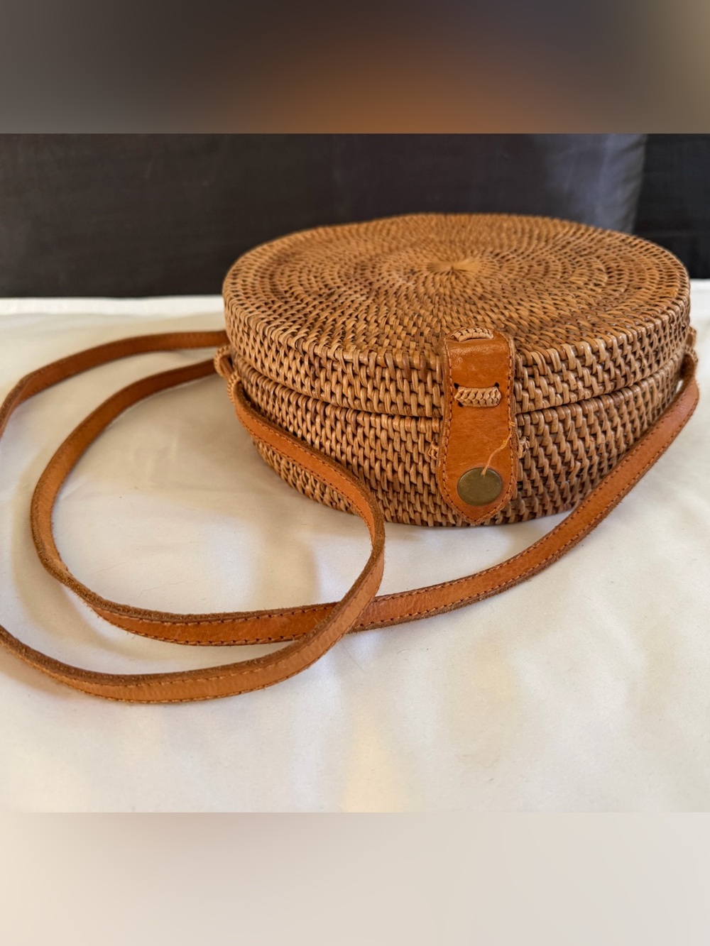 Indonesian/Balinese Woven Bag w/Leather, 8” across, 29” long